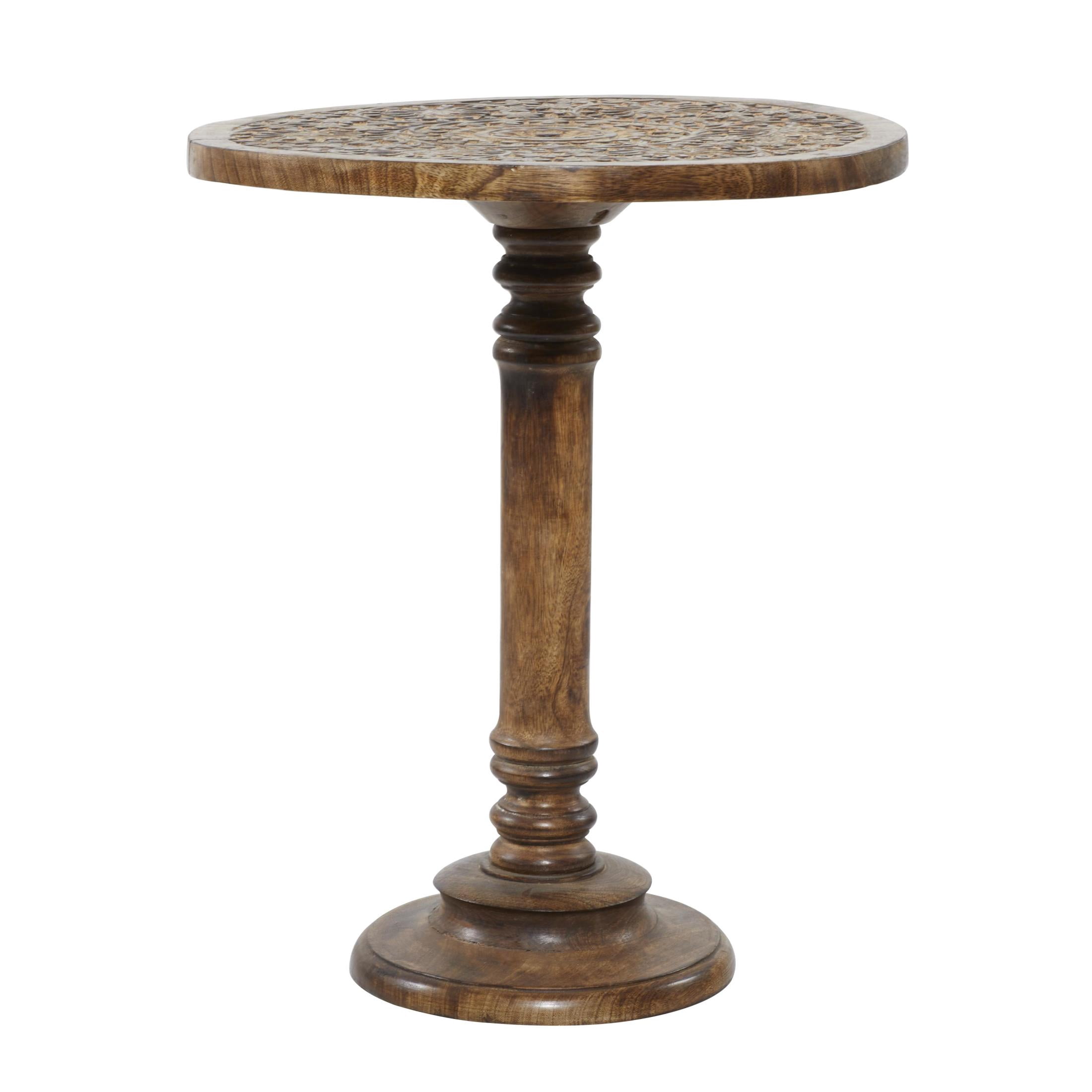 DecMode Mango Wood Traditional Carved Floral with Exposed Wood Grain Accent Table 17"W x 21"H, with a Dark Brown Finish
