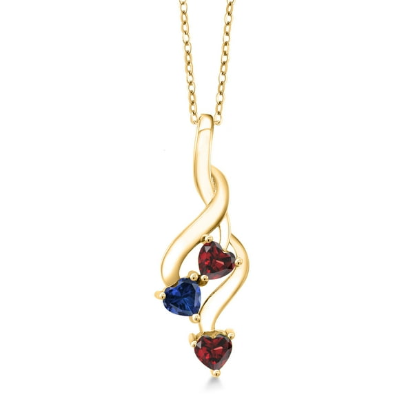 Gem Stone King 18K Yellow Gold Plated Silver Red Garnet and Blue Created Sapphire Pendant Necklace for Women (1.16 Cttw, Gemstone January Birthstone, Heart Shape 4MM, with 18 inch Silver Chain)