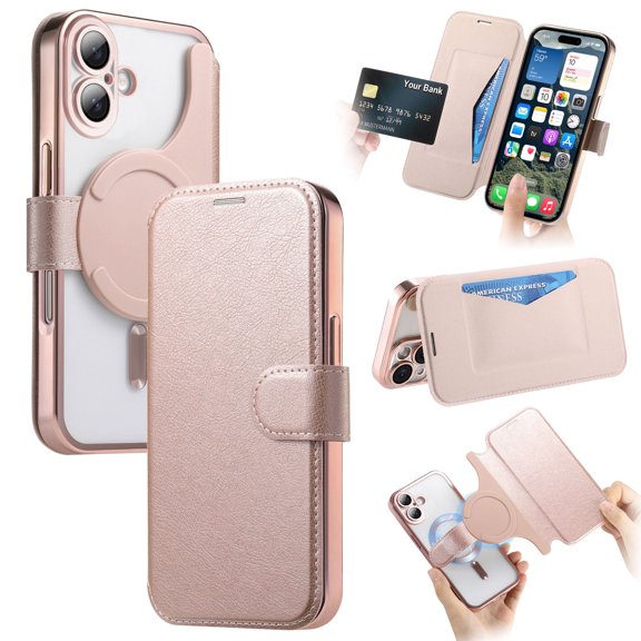 Dteck Detachable Wallet Case for iPhone 16,Magnetic Leather Card Slot Wallet Case Removable Plating TPU Case Built-in Camera Lens Protector Compatible with MagSafe Kickstand Cover,Rosegold