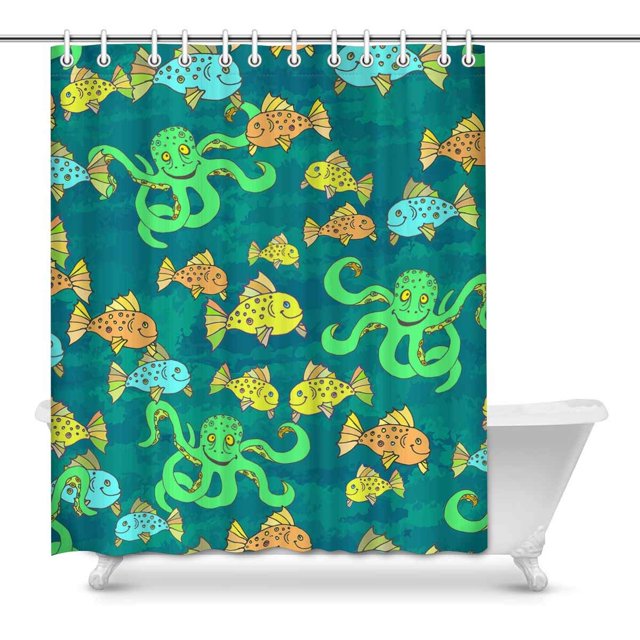 Cortina de Ducha ABPHQTO Tela Impermeable pulpo y Peces Divertidos 150x180 cm