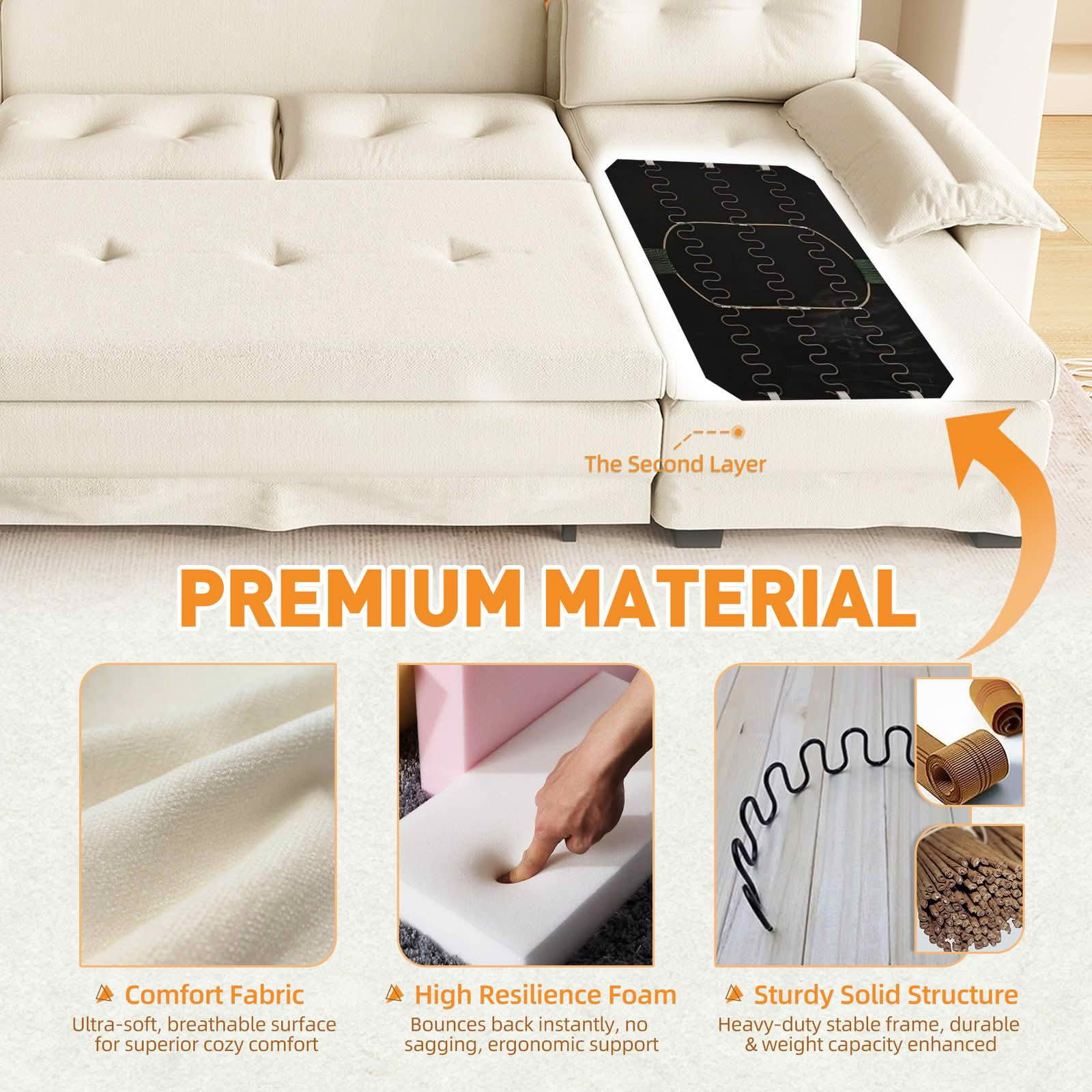 MAYEERTY 109.5" U‑Shaped Pull‑Out Sleeper Sofa, 2‑in‑1 Convertible Modular Sectional with Removable Armrests, USB Ports, Chaise Lounge, 4 Pillows Included