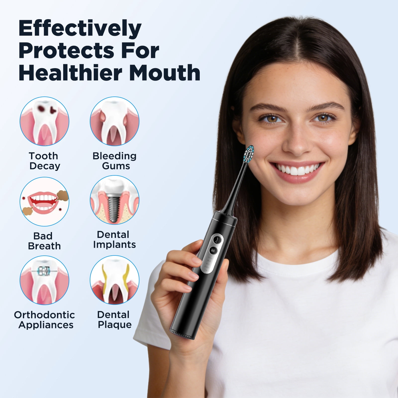 Electric Toothbrush with Water Flosser, 3-in-1 Sonic Flossing Toothbrush with 6 Modes, Teeth Cleaning Kit for Adults Teeth Cleaning and Plaque Removal (Black)