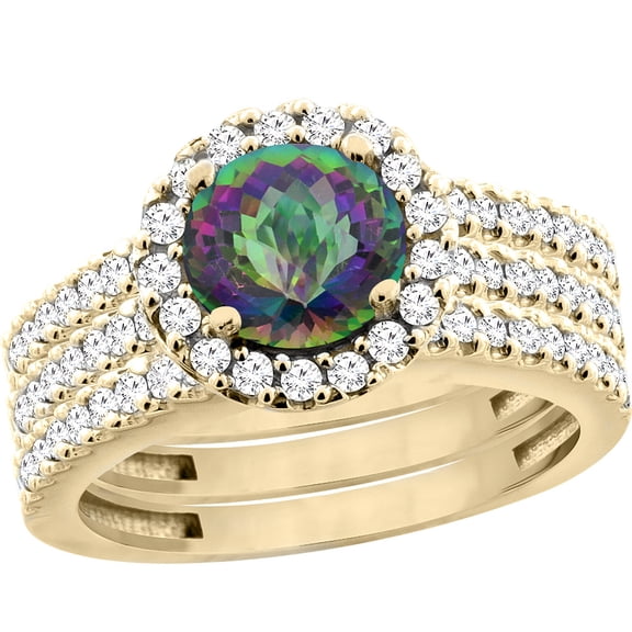 14K Yellow Gold Natural Mystic Topaz 3-Piece Bridal Ring Set Round 6mm Halo Diamond, size 7.5
