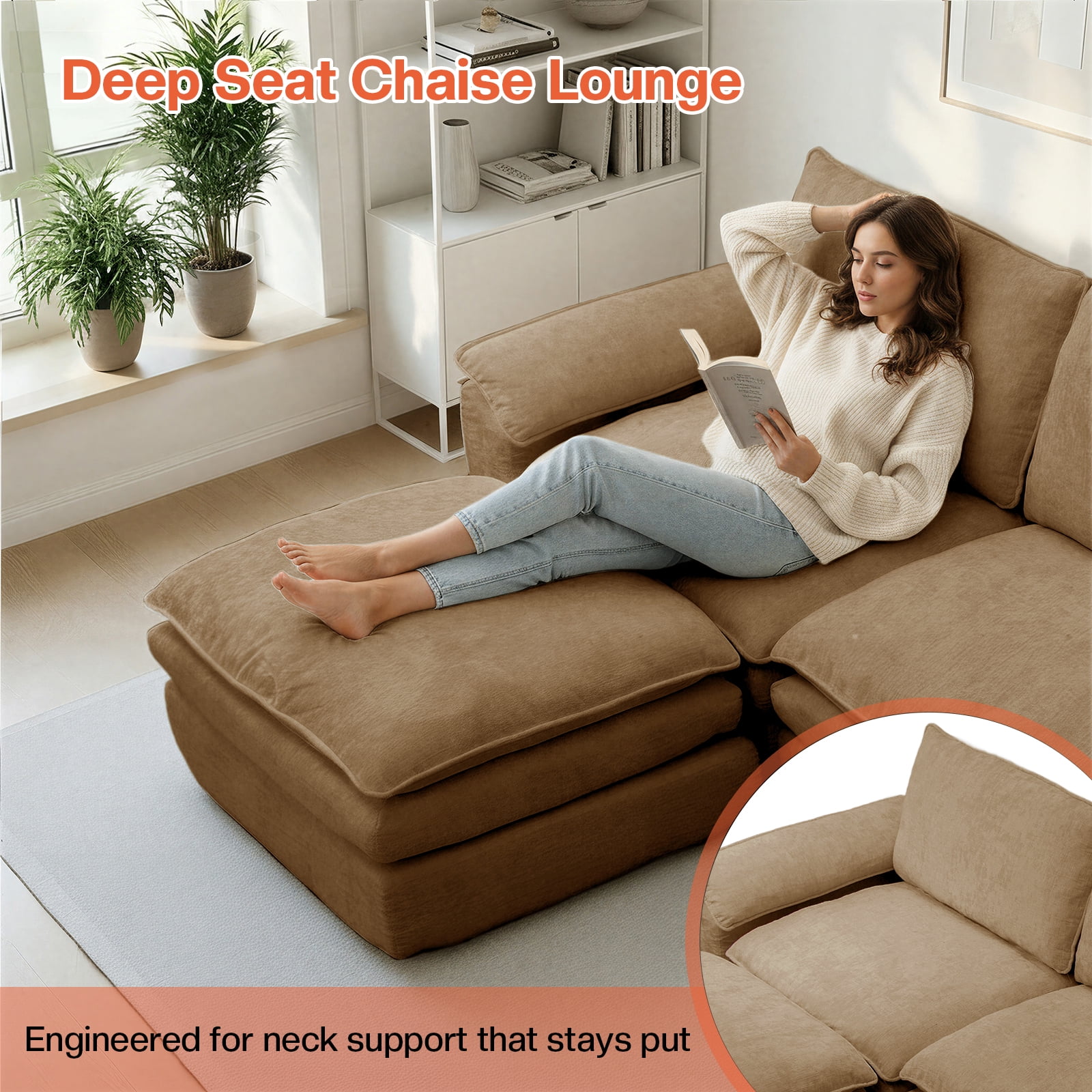 Kelyda 116'' Cloud Sectional Couches L Shaped, Modern Convertible Modular Cloud Chenille Sofa for Living Room Brown