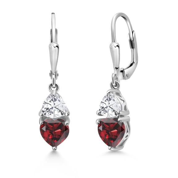 Gem Stone King 3.54 Cttw Red Garnet Dangle Leverback Earrings for Women | 925 Sterling Silver | Gemstone January Birthstone | Heart Shape 6MM and Trillion 5MM