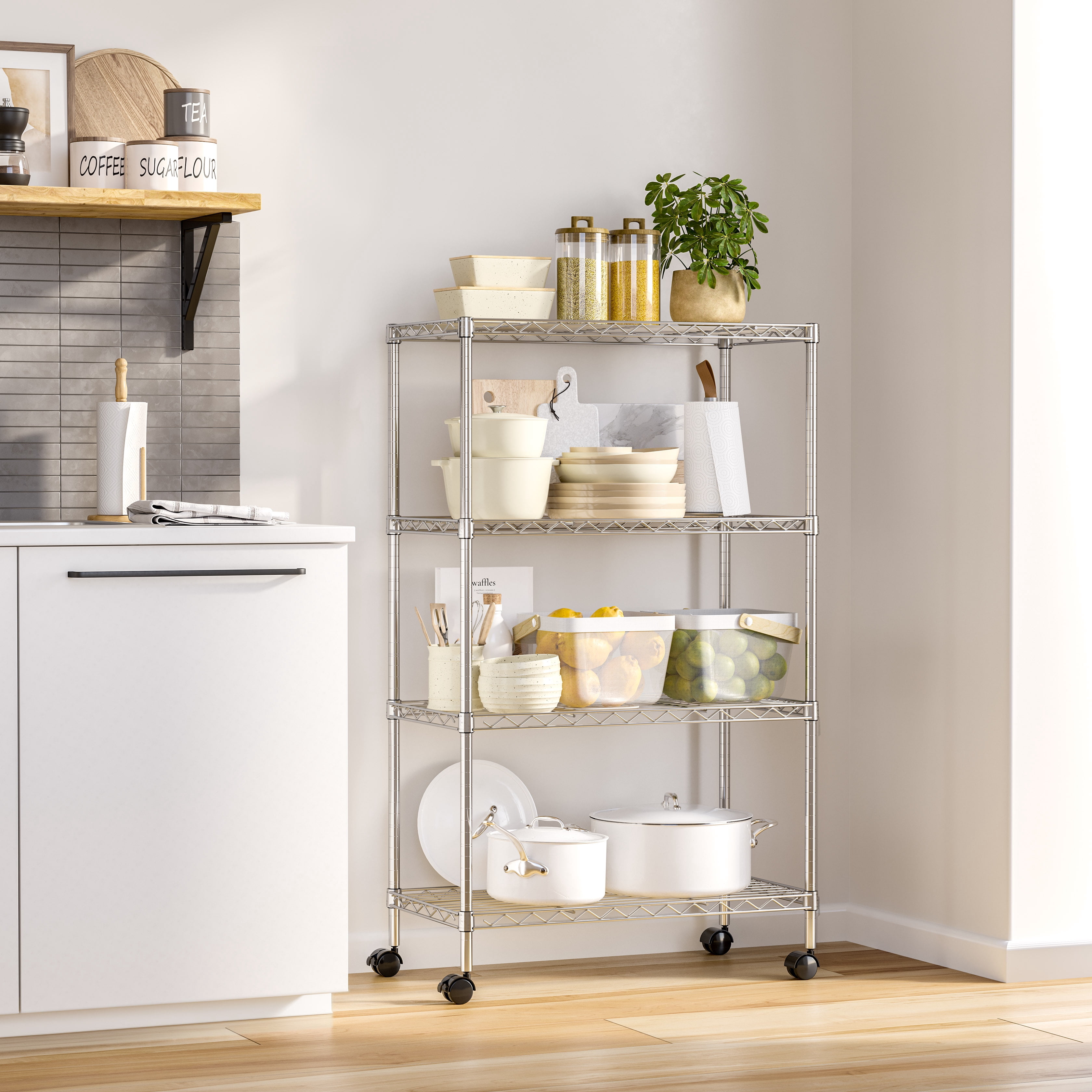 Seville Classics 4-Tier Steel Wire Shelving with Wheels, 30" W x 14" D x 48" H, Chrome