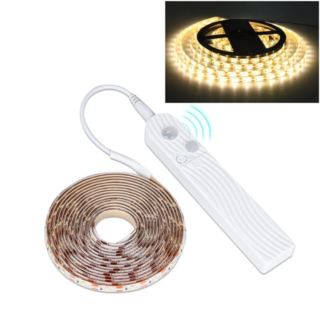 Tira de LED de 3m con sensor de movimiento PIR, tira de luz con pilas, iluminación para armario, blanco cálido