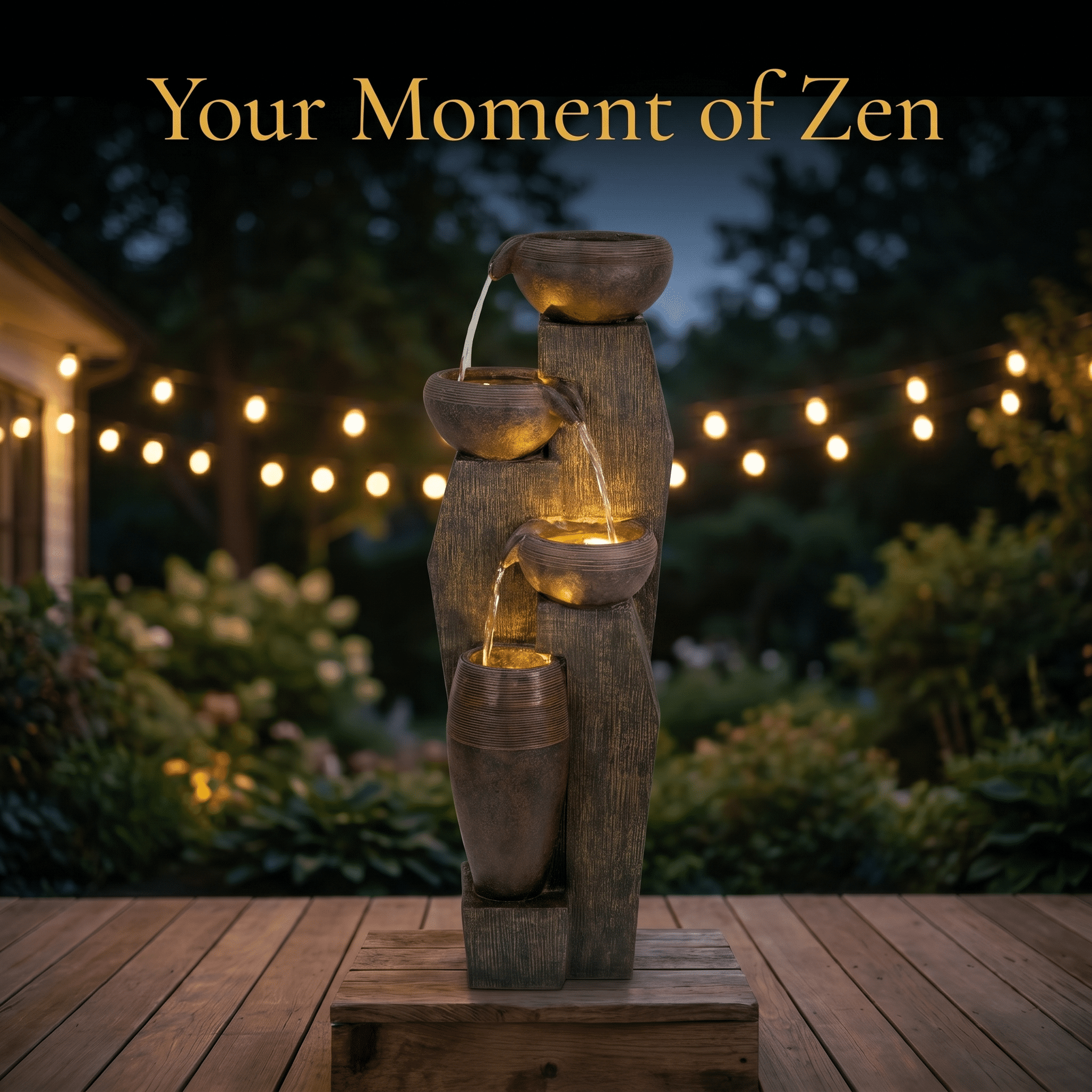 Mintazer 33" 4-Tier Rustic Bowl Cascading Polyresin Outdoor Water Fountain with Warm LED Lights Freestanding Waterfall for Patio Garden Porch Balcony