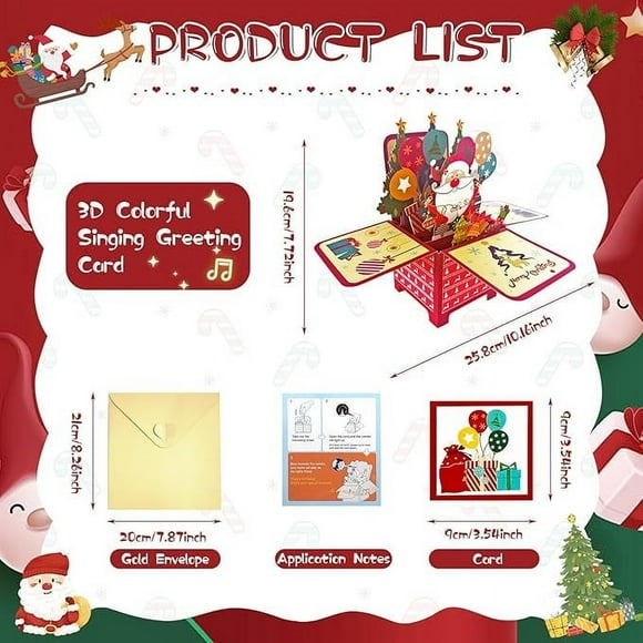 wycnly Carte de Sapin de Noël avec Lumières Musique LED Carte de Vœux Enveloppe Cadeau de Fête Extérieur Décorations de Noël