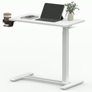 FitStand Height Adjustable Medical Bed Table with Hidden Casters, Rolling Laptop Desk with Cup Holder, Small Pneumatic Sit Stand Desk for Home Office, Sofa or Bedside Use, 28x16, White