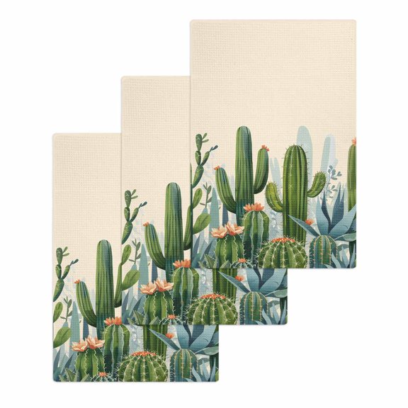 Green Cactus Hand Towels Set, Waffle Weave Kitchen Towels 3 Pieces, Watercolor Summer Botanical Beige Microfiber Hair Face Bath Tea Towel Absorbent Quick Drying Cleaning Dish Cloths, 15.7"x23.6"