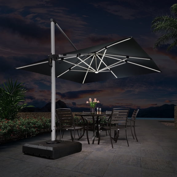 PURPLE LEAF 11FT Square Double Top Deluxe Solar Powered LED Patio Umbrella Outdoor Cantilever Umbrella, Gray