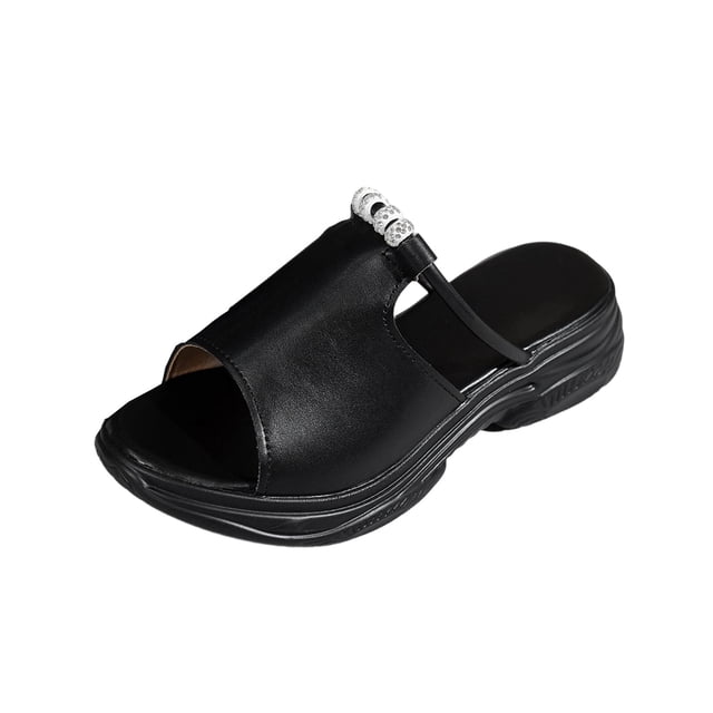 Black Ankle Strap Heels Wedge Heel Solid Color Mesh Embellished Plus Size Hollowed-Out Peep Toe Shoes Spring/Summer Style Trendy and Comfortable Slippers Women's Walking Shoes