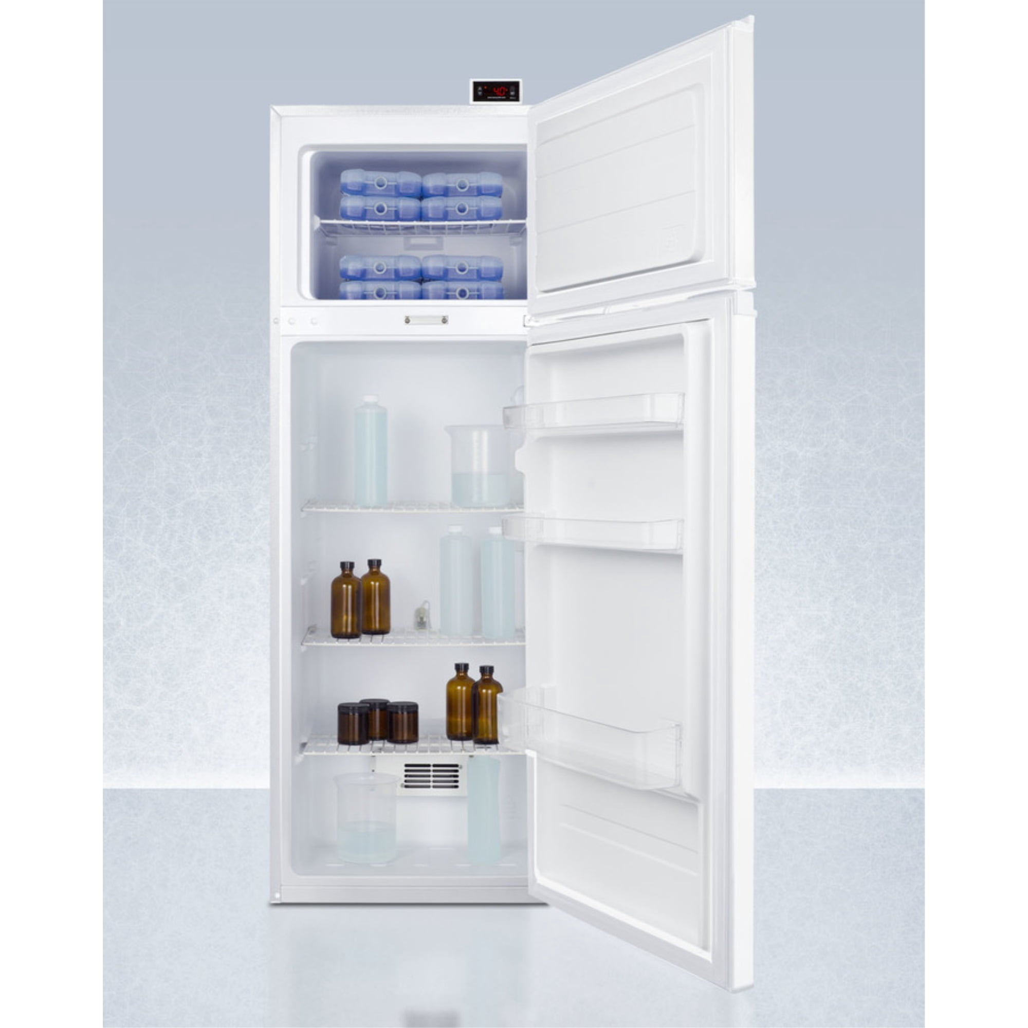 General purpose refrigerator-freezer with front lock, digital controls, internal fan, NIST calibrated alarm/thermometer, and 2-8C refrigerator section