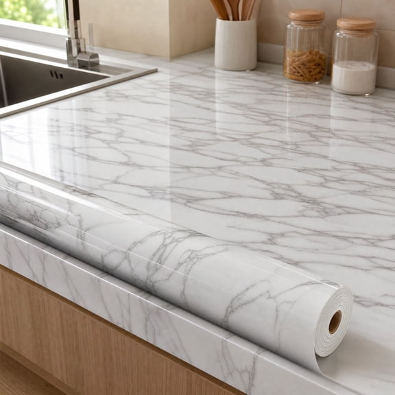 White Gray Marble Contact Paper 118x24 Inch - Self-Adhesive Waterproof Peel & Stick Wallpaper for Kitchen Countertops Backsplash Cabinet, Oil Proof Heat Resistant