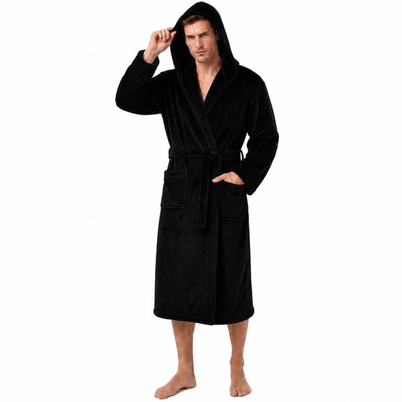 U2SKIIN Mens Hooded Fleece Robe,Plush Lightweight Soft Spa Bathrobe for Men (Black, L/XL)