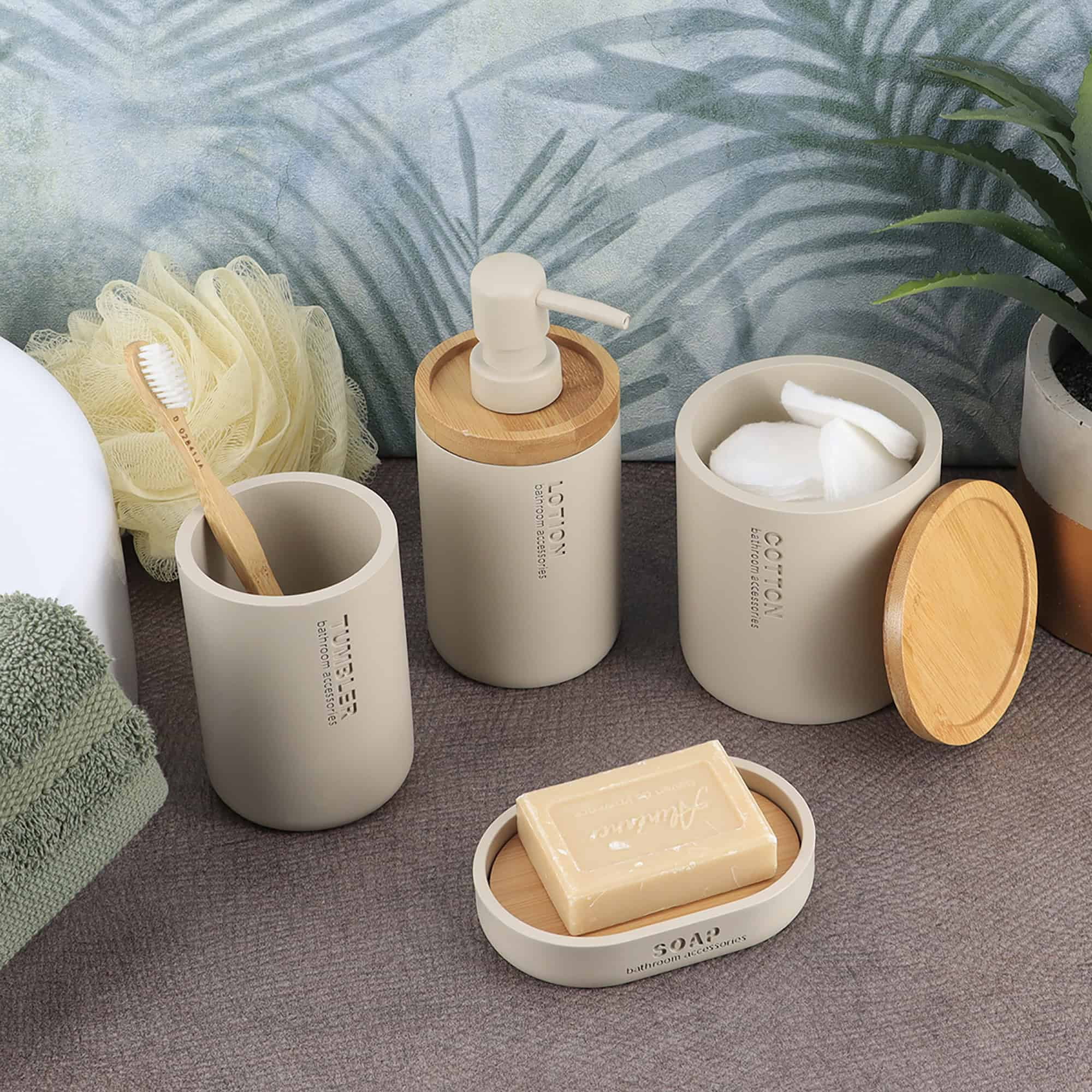 Stylish Matte Beige Soap Dispenser with Natural Bamboo Top - Polyresin Hand Lotion Pump, Modern Bath Accessory