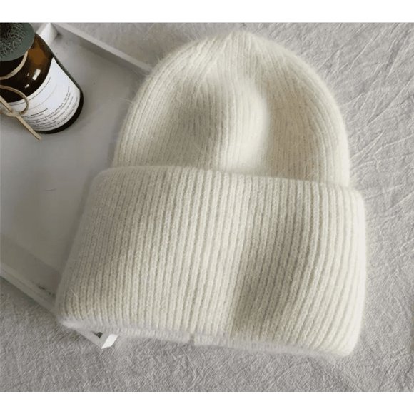 ShenMo Winter Angora Rabbit Warm Woven Solid Hat Casual Ladies Beanie Hats Men and Women Sandals One Size(White)
