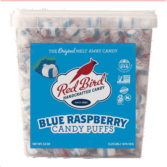 Red Bird Blue Raspberry Flavored Candy Puff, Individually Wrapped Candy, Allergen-Free, 52 oz Tub