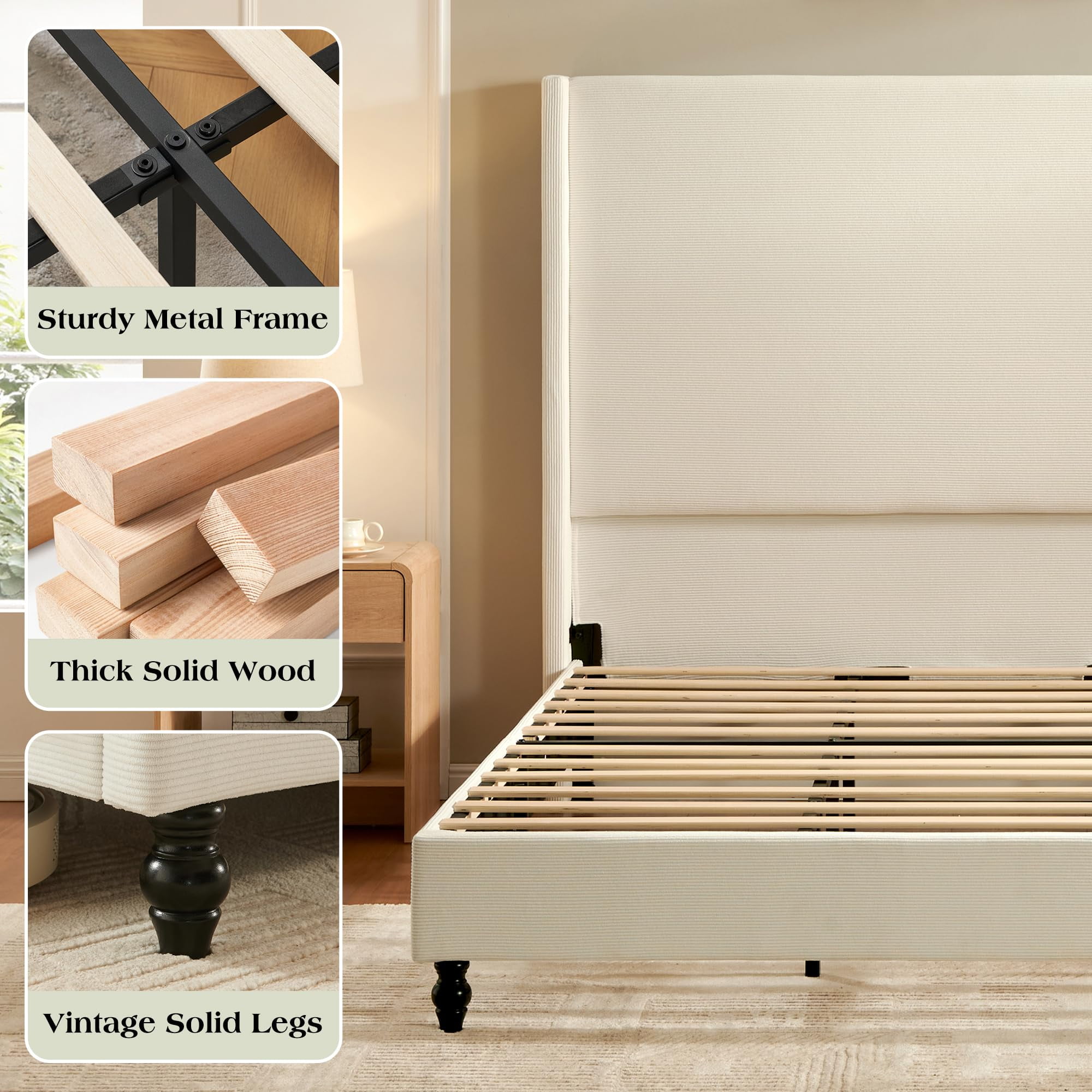 VanAcc Queen Bed Frame with 63" Tall Headboard, Horizontal Fine Corduroy Bed Frame with Upholstered Wingback, Vintage Solid Wood Gourd Legs, Cream