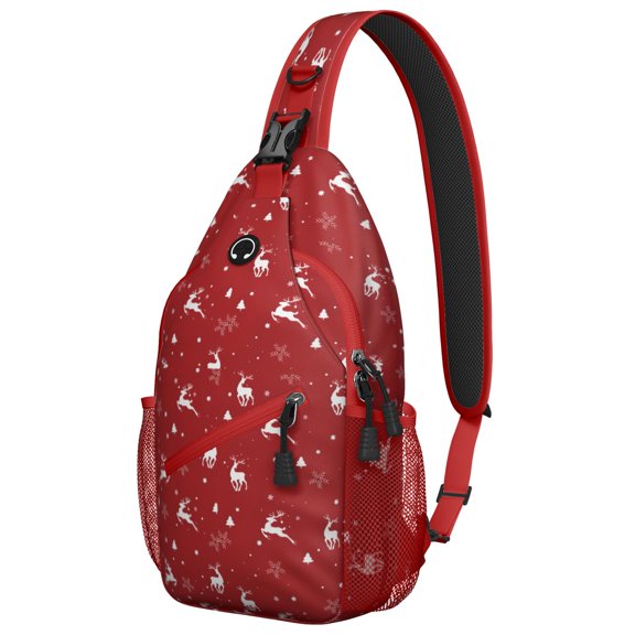Sling Backpack,Red Christmas Deer Pattern Sling Bag with Water Bottle Holder,Waterproof Sling Bag for Men/Women with Headphone Jack for Hiking,Travel