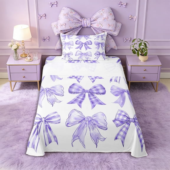 Erosebridal Kawaii Watercolor Bow Tie Twin Sheet Sets 3pcs for Kids Girls,Purple Ribbon Bowknot Bedding for Teens,Lightweight Room Decor