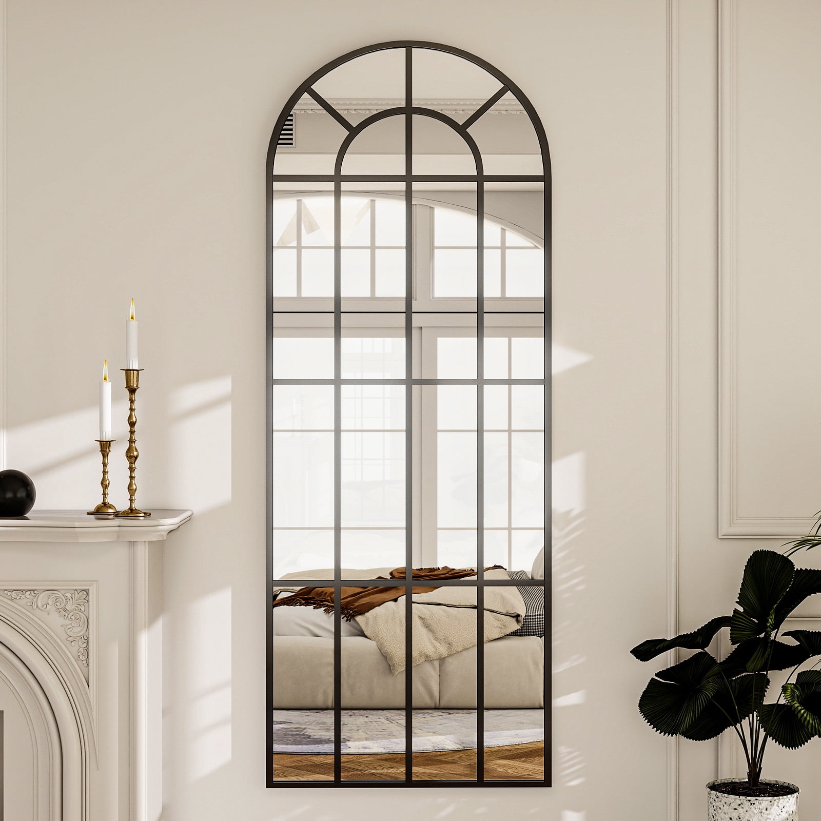 Mirstory 69"x25" Arched Windowpane Floor Mirror Wall-Mounted Full Length Mirror, Black