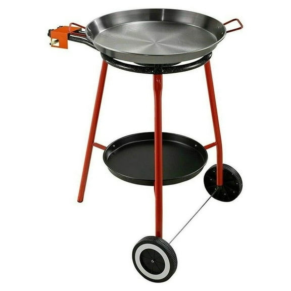 Andreu Paella Pan Set with Burner, 18 Inch Carbon Steel Outdoor Pan and Reinforced Legs Imported from Spain (12 Servings w/wheels)