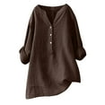 thumbnail image 2 of Fimkaul Women's Button Down Shirts Winter Fall Plus Size Long Sleeve Casual Tops Printed Patchwork V Neck Cotton Shirt Blouse Coffee 5XL, 2 of 4