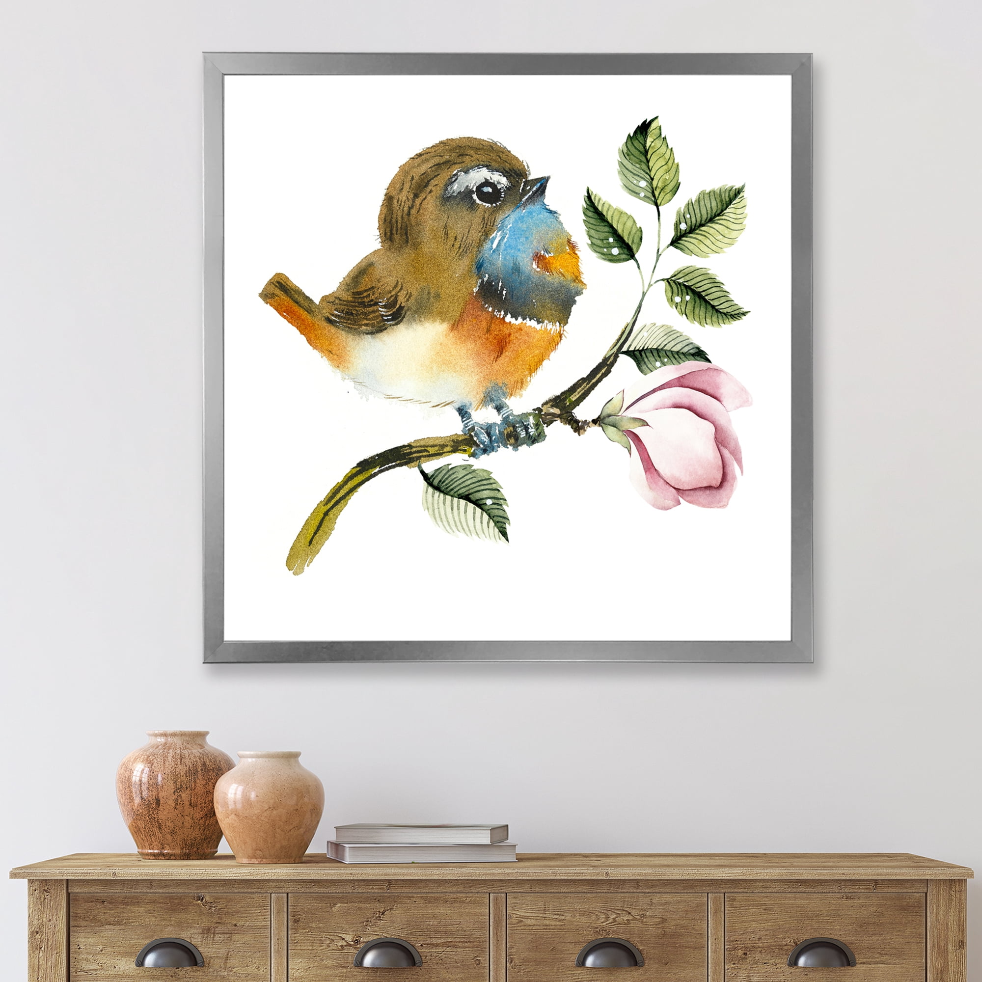 Designart 'Bluethroat Bird Sitting On A Branch' Traditional Framed Art Print