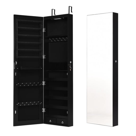 Furnibear Wall and Door Mounted Mirrored Jewelry Cabinet with Lights, Black - Bedroom Dressing Room Accessory Storage