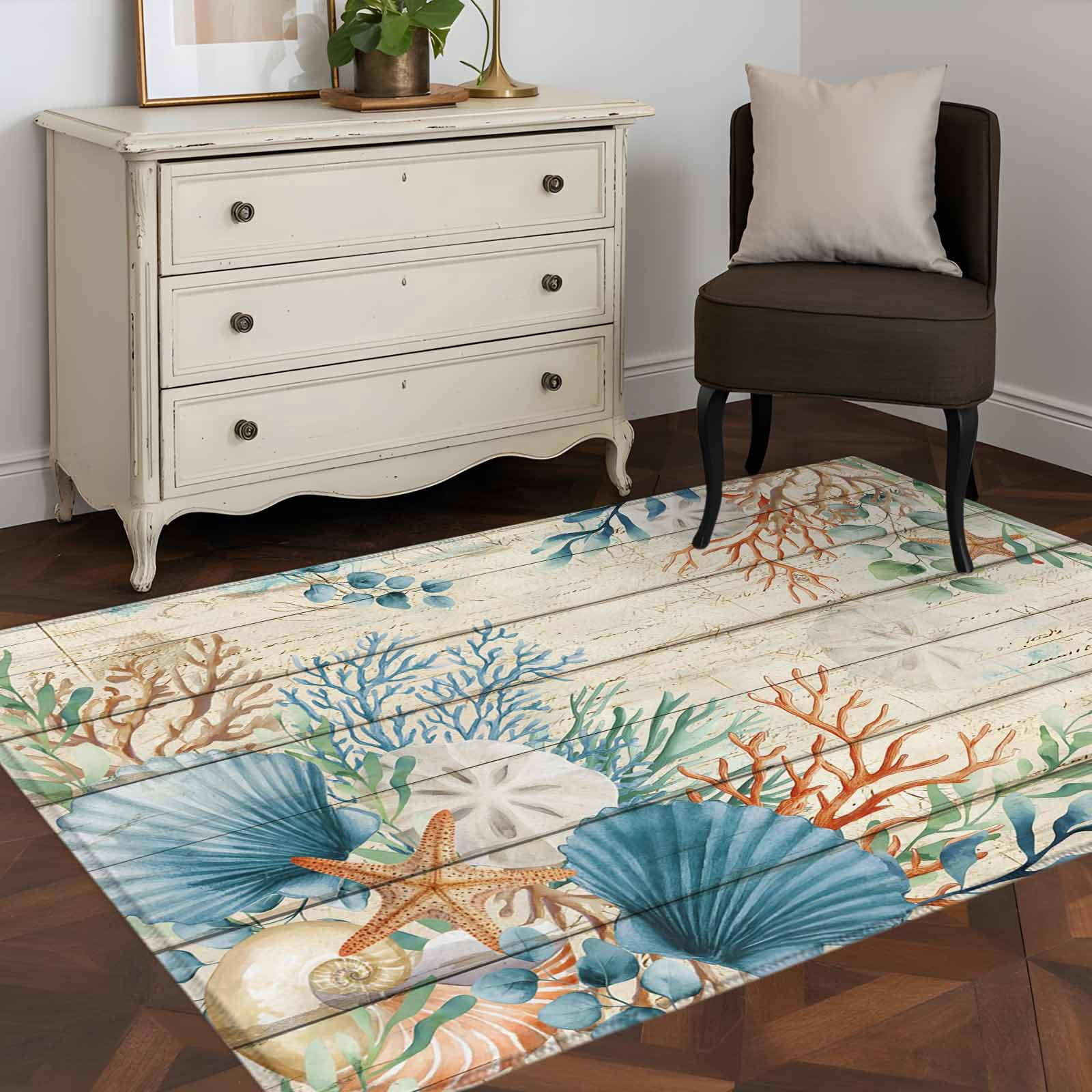 Rectangle Area Rugs 2.7 x 5 Ft, Beige Beach Coastal Non-Slip Residential Carpet, Summer Nautical Coral Shell Botanical Vintage Indoor Crawling Mats Runner Rugs for Living Room/Dining Room/Bedroom