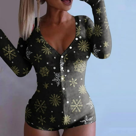 

50% off Clearance! purcolt Women s Sexy V Neck Onesie Bodysuit Pajamas Christmas Print Butt Flap Bodycon Rompers Shorts Long Sleeve Button Jumpsuit Sleepwear Overall Nightwear
