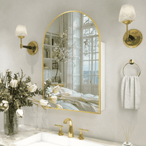 Gold Medicine Cabinet with Mirror,Bathroom Arched Medicine Cabinet Wall Mounted,Modern Vanity Mirror with Storage,Bathroom Storage Cabinet with Adjustable Shelves,Not Recessed,24x36 Inch