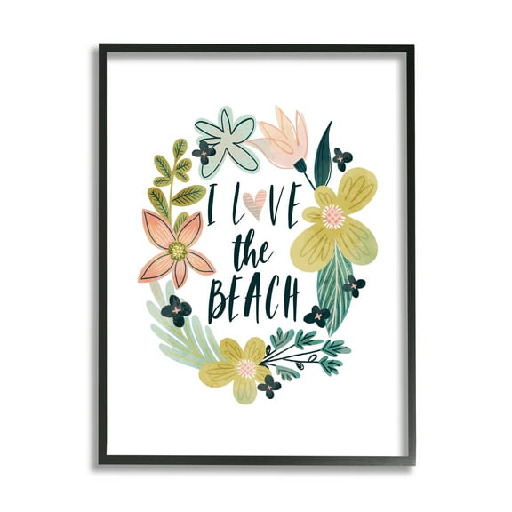 Stupell Industries Love the Beach Wreath Botanical & Floral Painting Black Framed Art Print Wall Art, 11 x 14