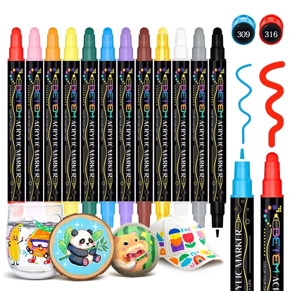 Bolígrafos Betem para pintura acrílica, 12 colores, doble punta, para tela, estilo rock