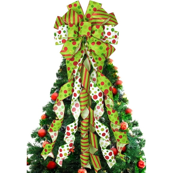 Christmas Tree Topper Bow Wreath, 44 x 13 Inches Large Bow Tree Topper, Glitter Red and Green Christmas Wreath for Tree Indoor Outdoor Christmas Decoration