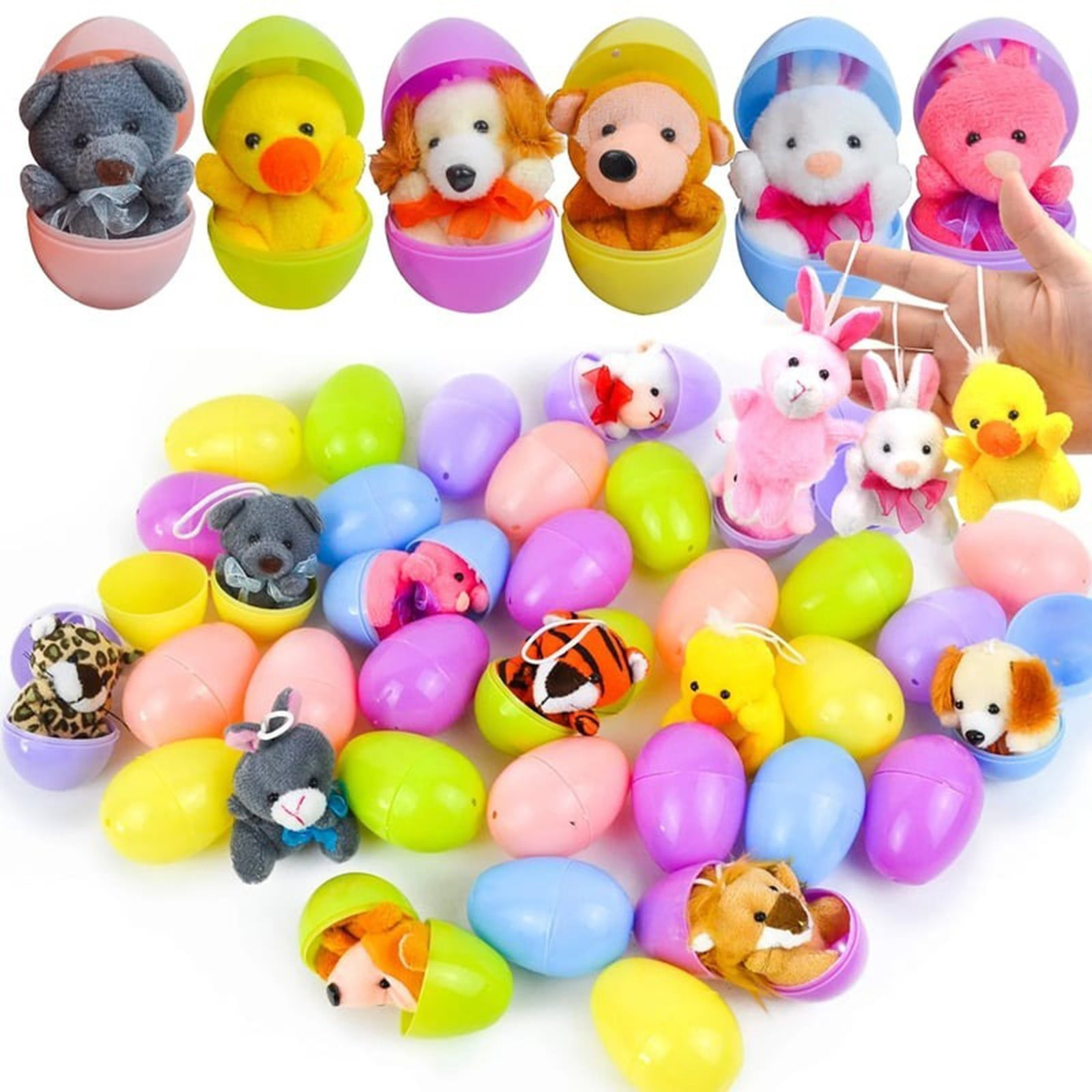 12 Pack Prefilled Easter Eggs of Mini Stuffed Animal Plush Toys Baster Stuffer Filler for Kids Easter Egg Hunt Game, Classroom Prize Supplies