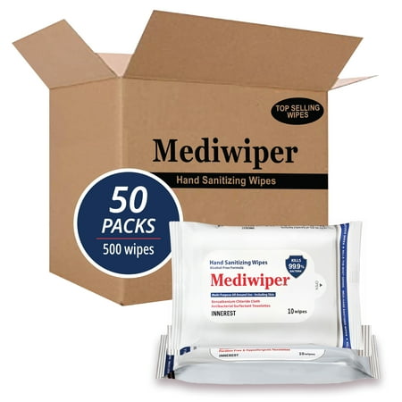 Mediwiper (500 Wipes) Antibacterial, Non Alcohol Hand Sanitizing Wipes Value Pack, Unscented, 10 Count, 50 Packs