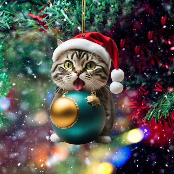 Herrnalise Christmas Pendant Christmas Tree Ornament Acrylic Funny Cat Hanging Ornament Double Sides Printing Cute Kitten Playing with Christmas Balls Pendant Christmas Fun Decoration