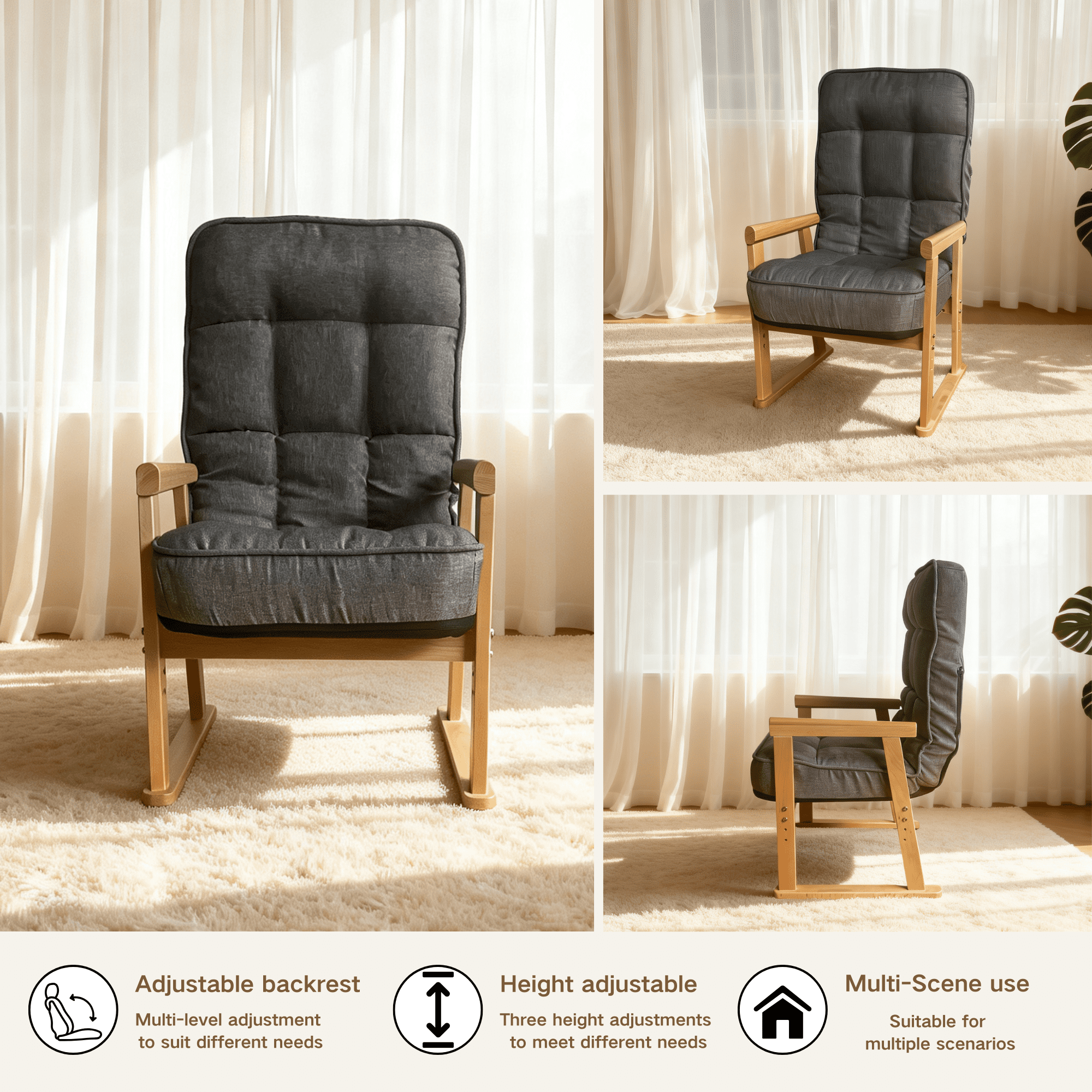 Leumius Modern Lounge Chair with Adjustable Seat Height and Three-Level Lumbar Angle Adjustment for Living Room, Bedroom, Study and Attic Gray