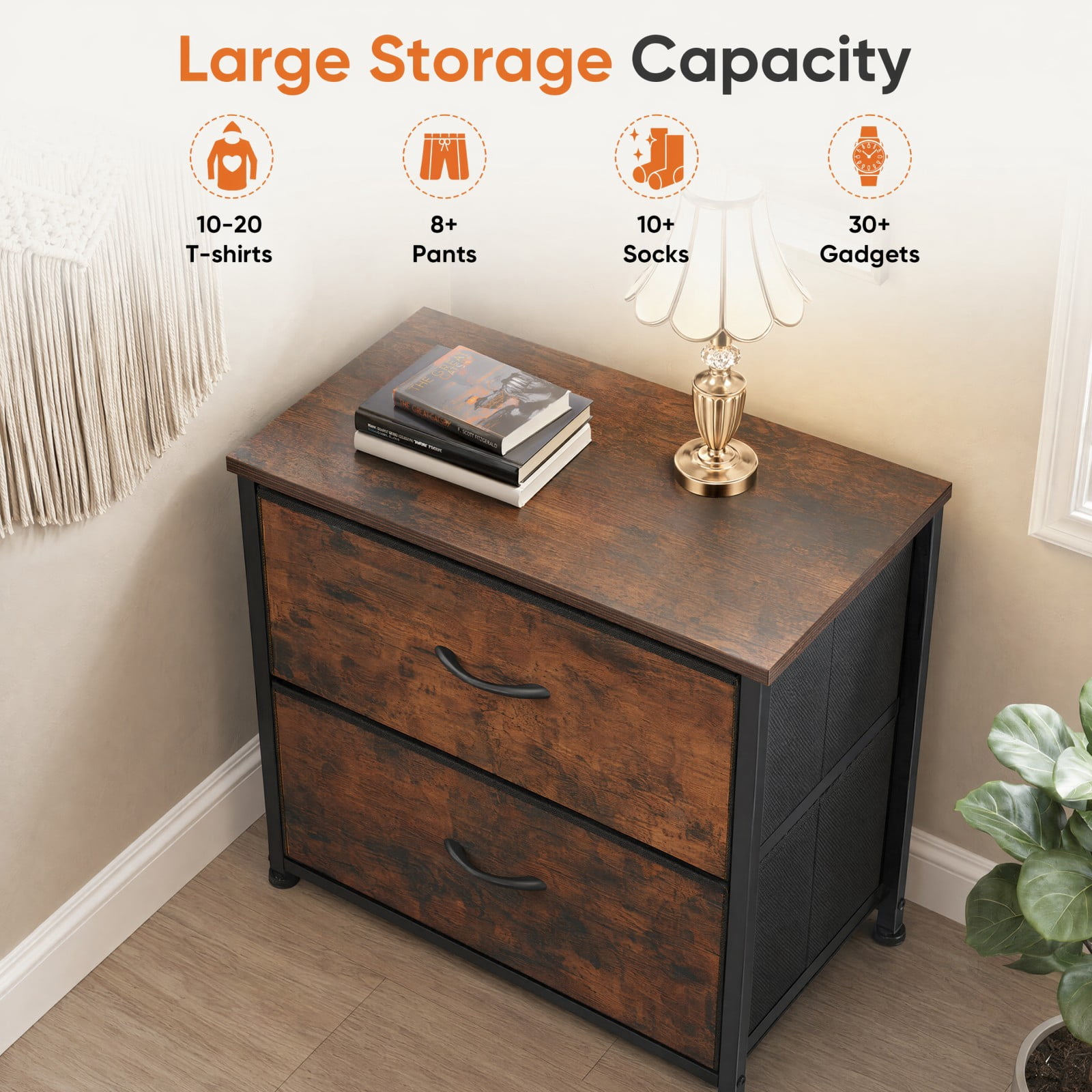 Telyra Fabric Nightstand with 2 Drawers 20" Bedside Table with Wood Top and Steel Frame Small Storage Organizer, Rust