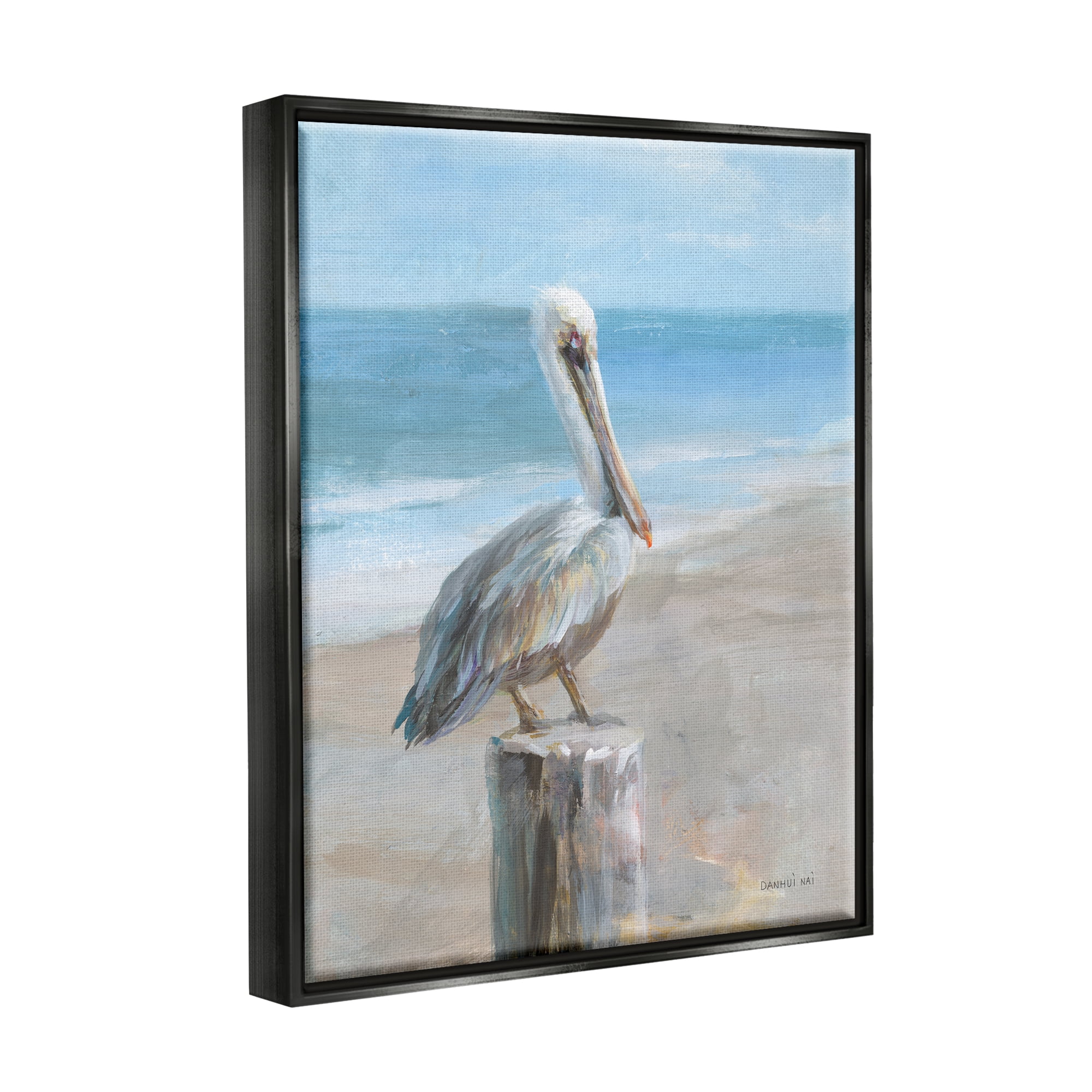Stupell Industries Pelican Perched on Coast Animals & Insects Painting Black Floater Framed Art Print Wall Art, 17 x 21