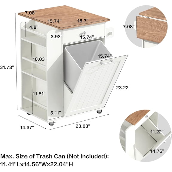 Kitchen Island, Island Table for Kitchen, Kitchen Carts on Wheels with Storage, Hidden Tilt Out Trash Cabinet