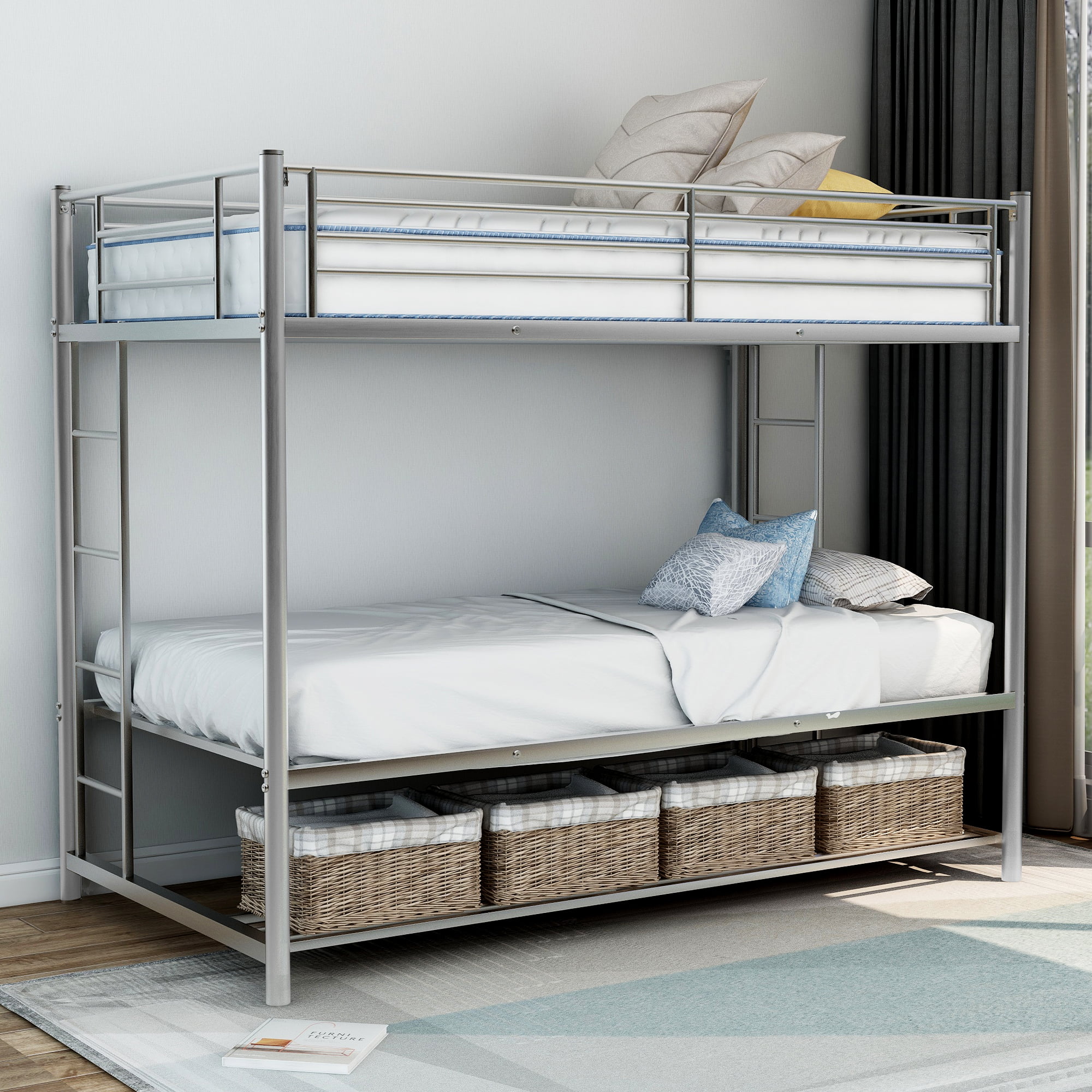 EUROCO Metal Twin Over Twin Bunk Bed Frame With Storage Shelf, Silver