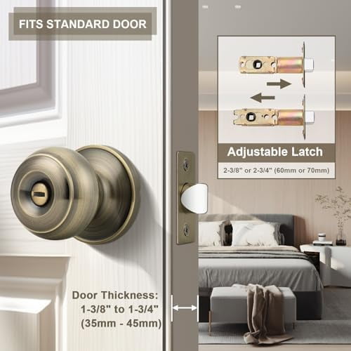 10 Pack Privacy Door Knobs Lock Interior Bedroom Bathroom Door Handle Antique Brass Round Ball Keyless Lockset