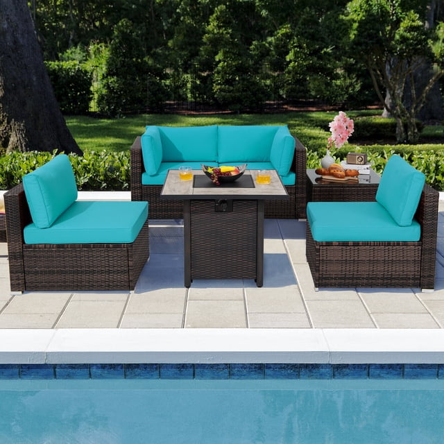 Patiojoy 6 PCS Patio Wicker Furniture Set With 30" Gas Fire Pit Table 50,000 BTU Turquoise Cushions