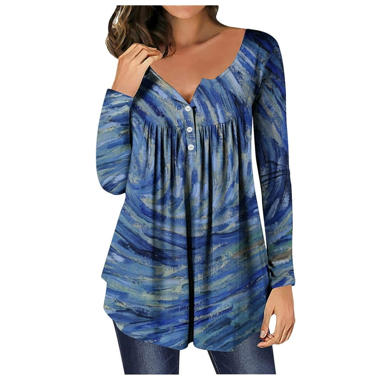 Tunic Tops to Wear with Leggings Plus Size Tops for Women Henley Gradient  Ombre Comfy Flowy Pleated Long Shirt Dressy Long Sleeve Shirts Light Blue S