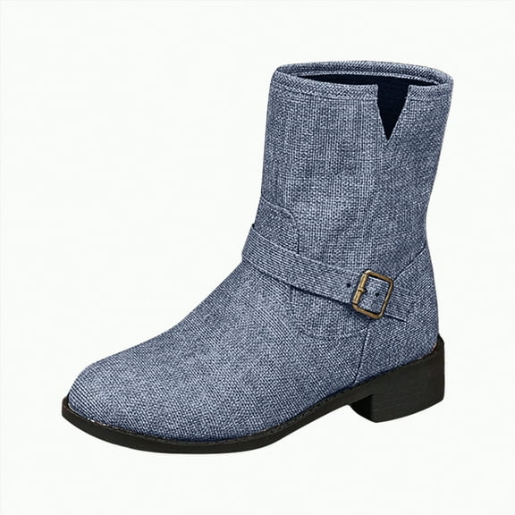 enyan Women Cowboy Boots Womens Slouch Boots, Flat Heels Mid Wide Calf Zipper Ladies Fall Winter Fashion Boots Blue,Size 7