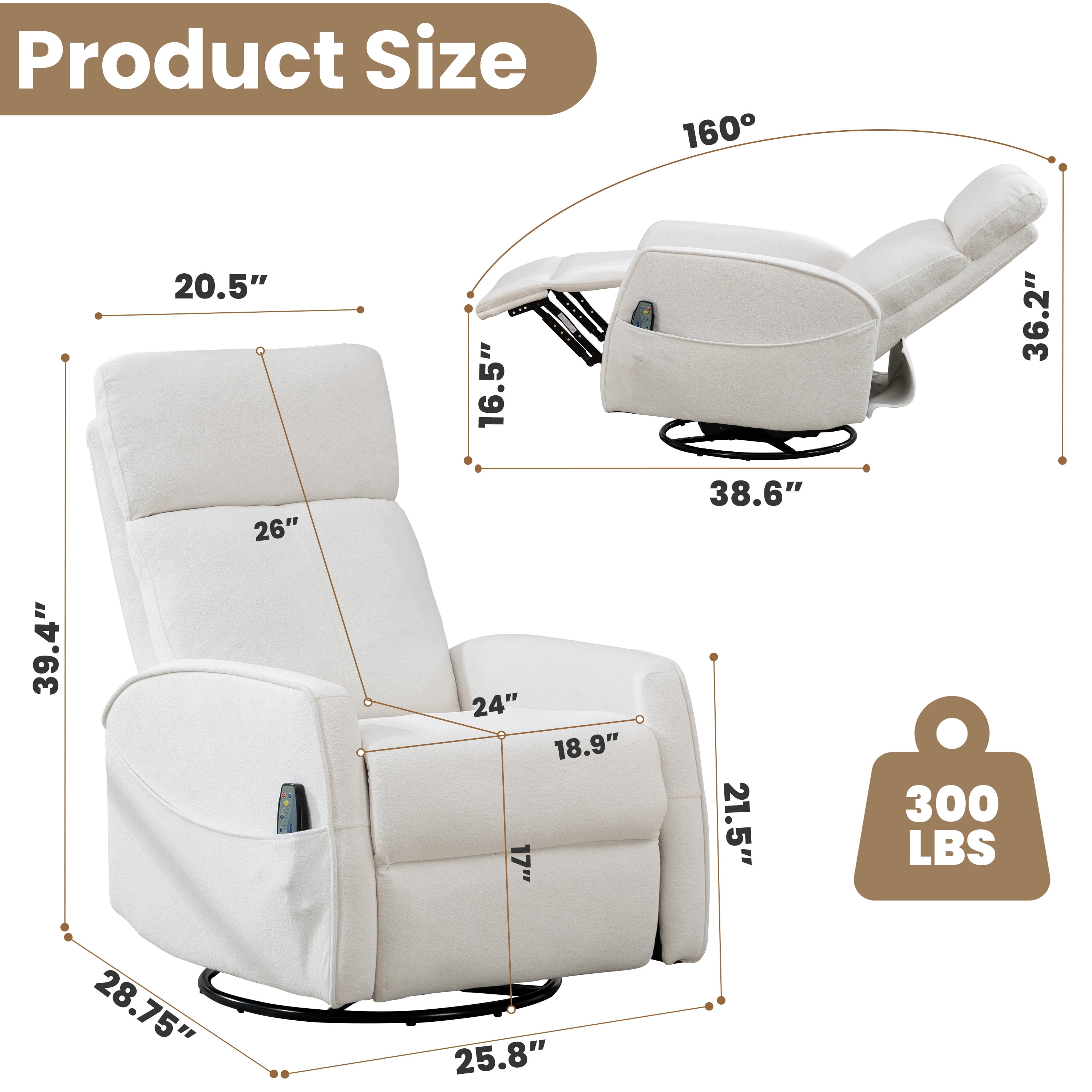 Rocker Recliner with Heat and Massage, LEGAHOME Velvet Upholstered 360° Swivel Rocking Recliner, Small Rocker Recliner with Side Pockets for Small Space, Manual Rocking Chair for Nursery, Beige